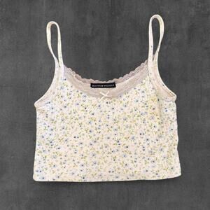Brandy Melville white floral tank top small blue/green flowers feminine lace
